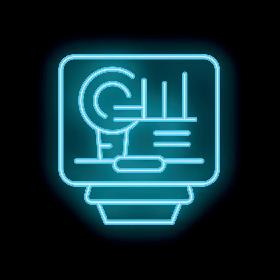 Neon icon of data analysis displaying charts and graphs on computer screen vector