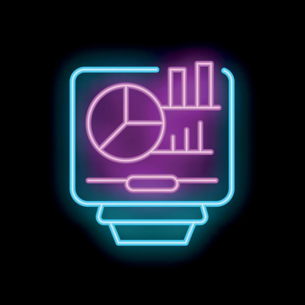 Neon sign representing business analytics with pie chart and graph on black background vector