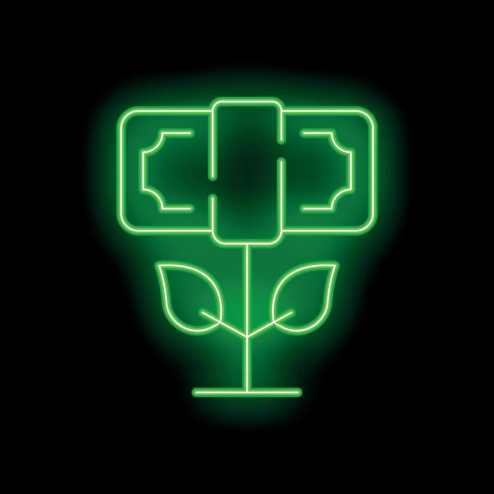 Green neon flower growing money on black background vector