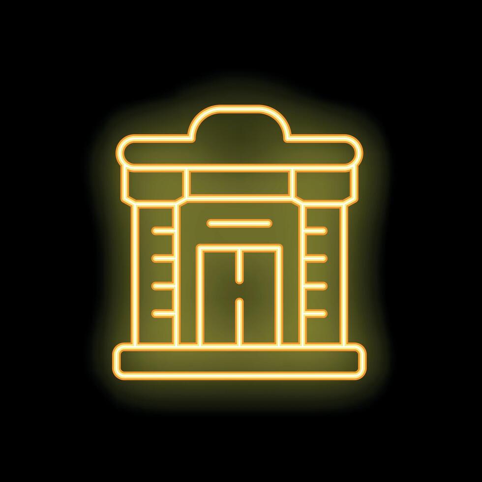 Yellow neon sign of a building facade with double doors on a black background vector