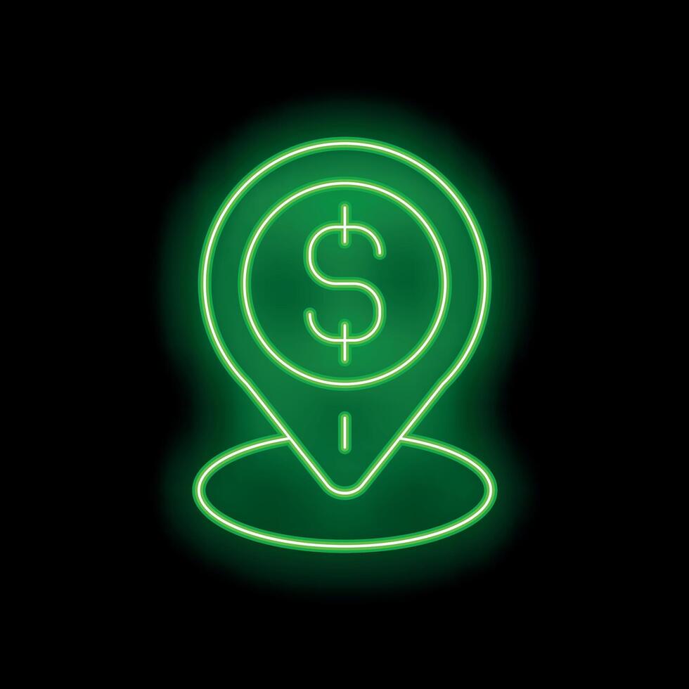 Green neon pin pointing dollar sign location on black background vector