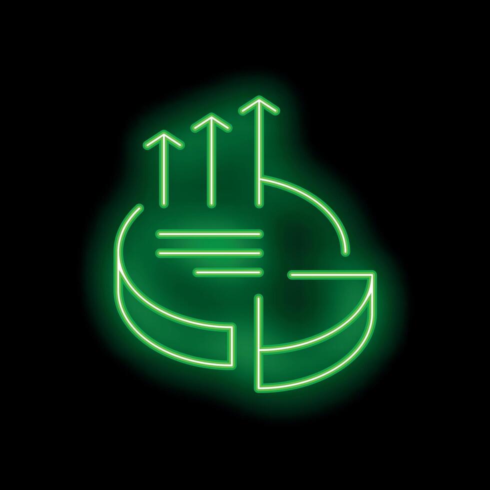 Neon green pie chart showing market growth with upward trend arrows on black background vector