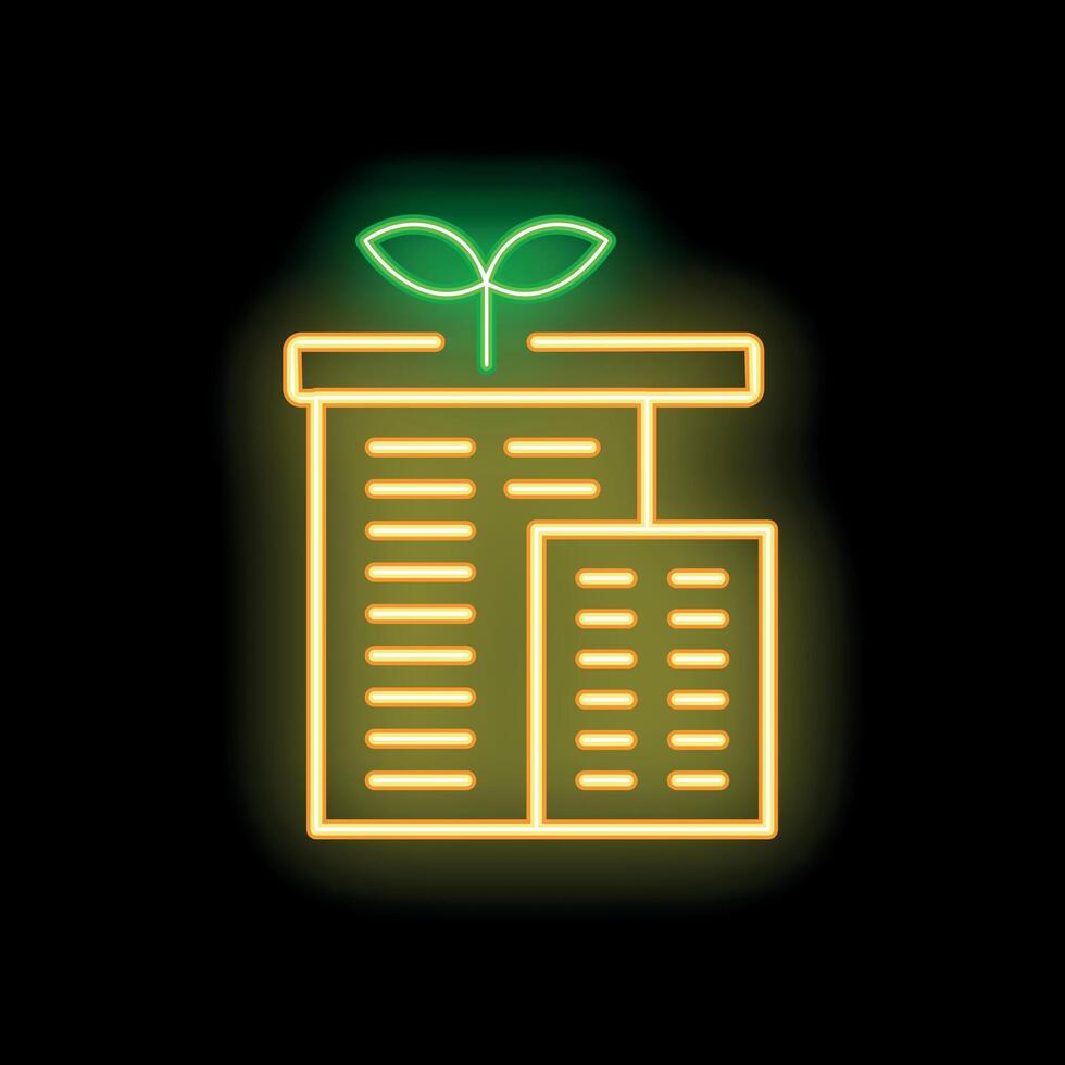 Green building concept with sprout growing on a rooftop in neon style vector
