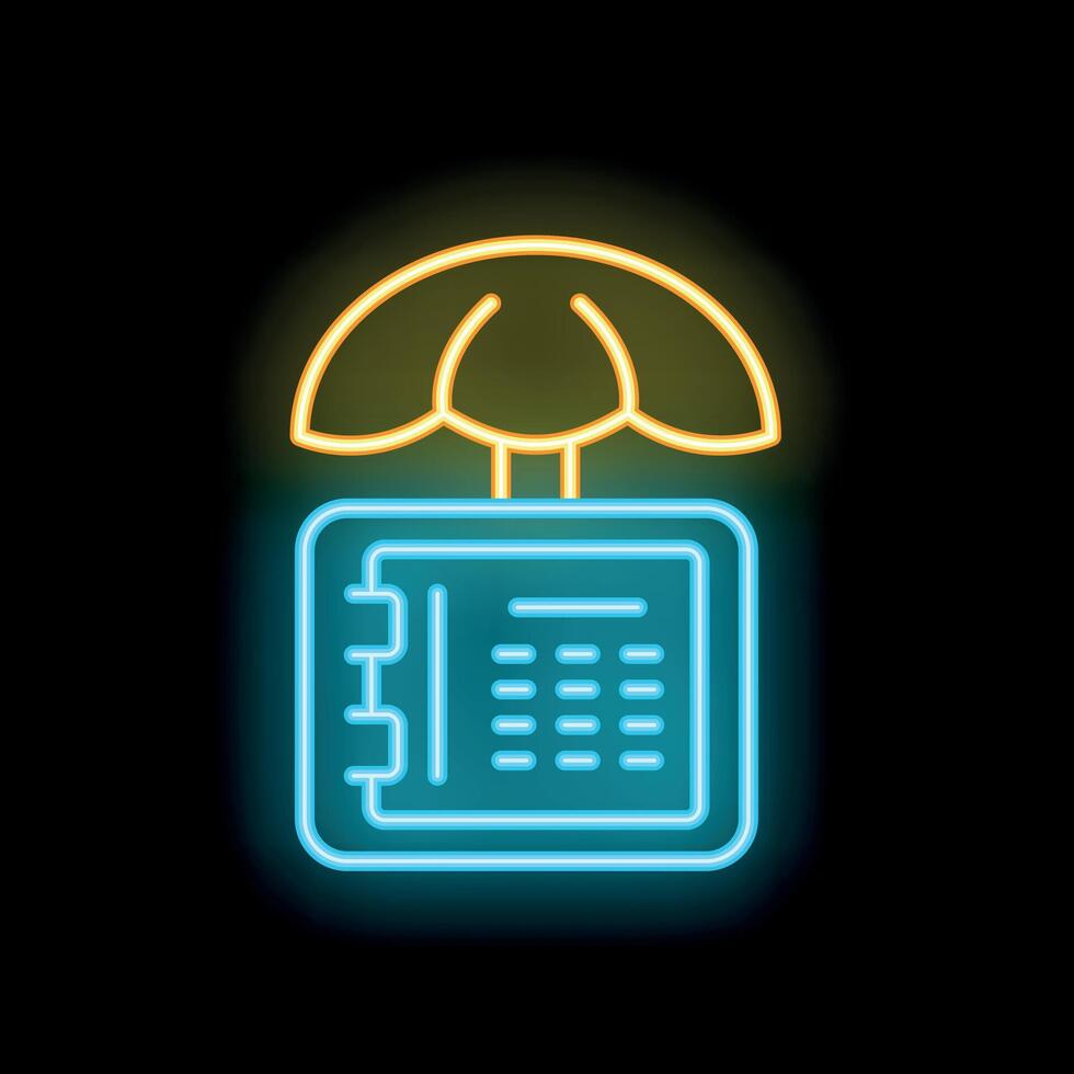 Neon icon of notepad under umbrella representing data protection concept vector