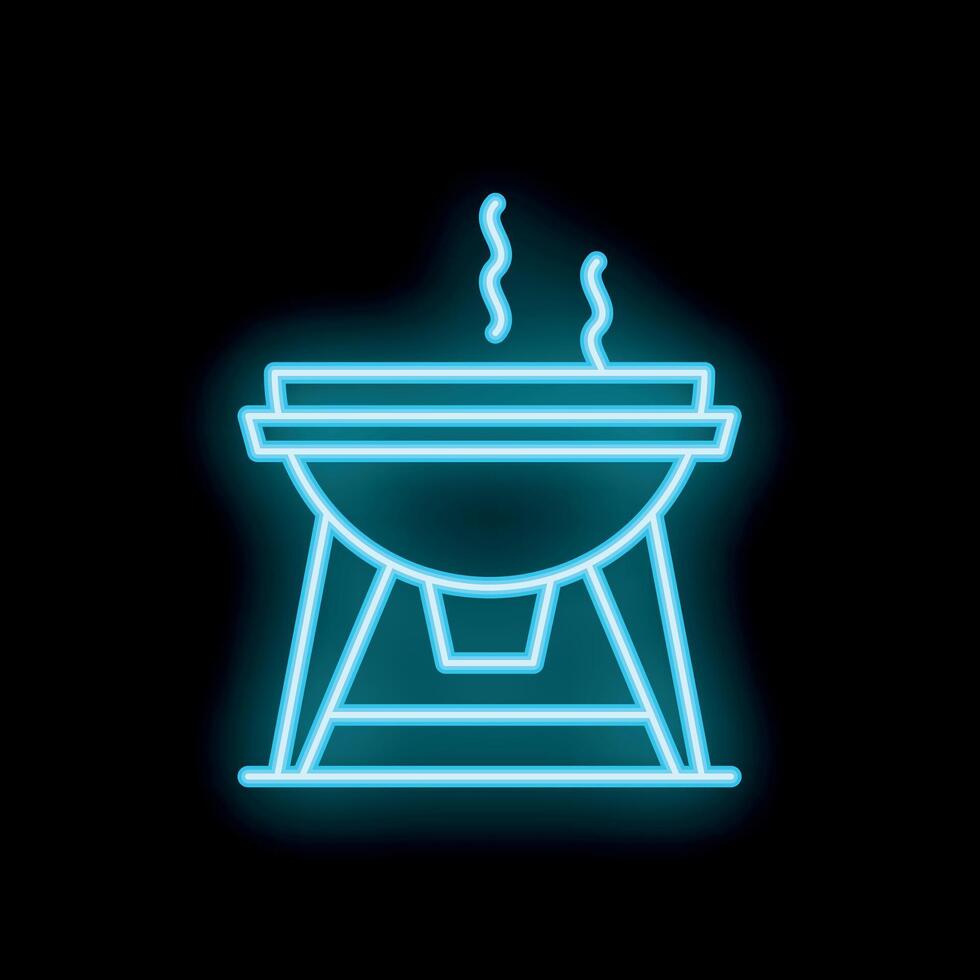 Blue neon sign of a barbecue grill smoking on black background vector