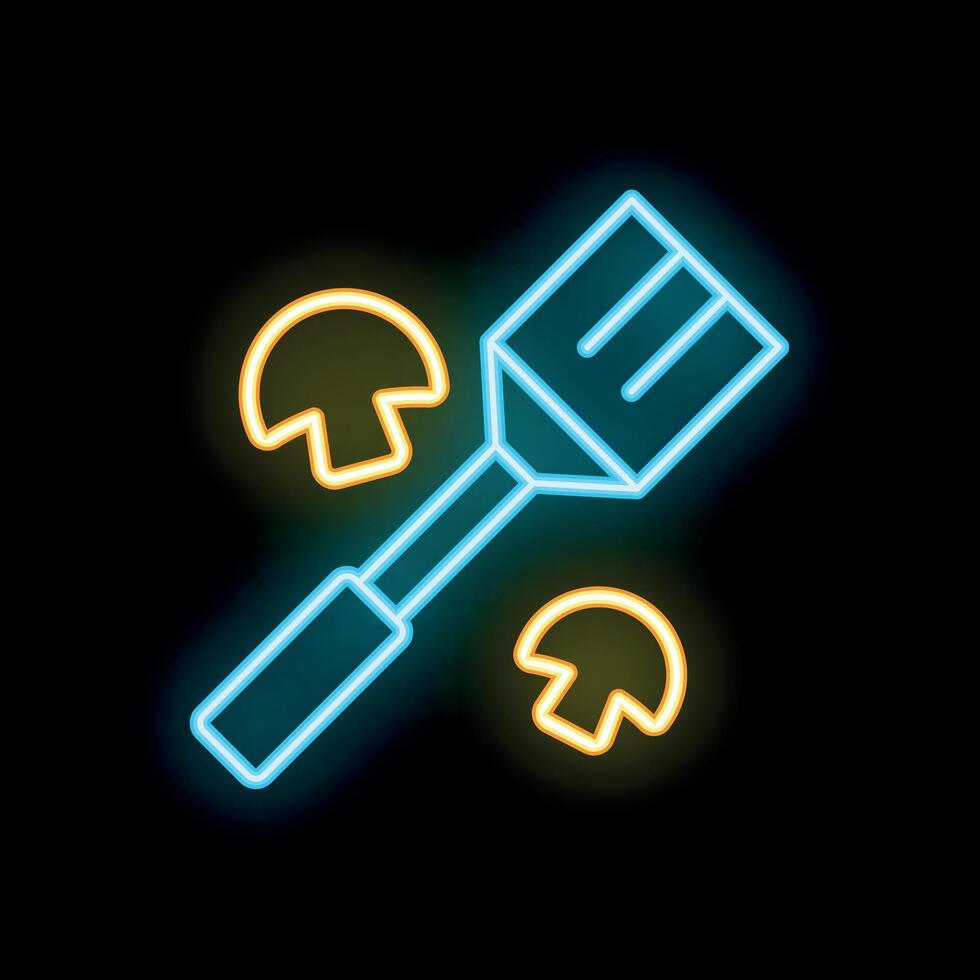 Neon spatula flipping mushrooms icon for restaurant menu design vector