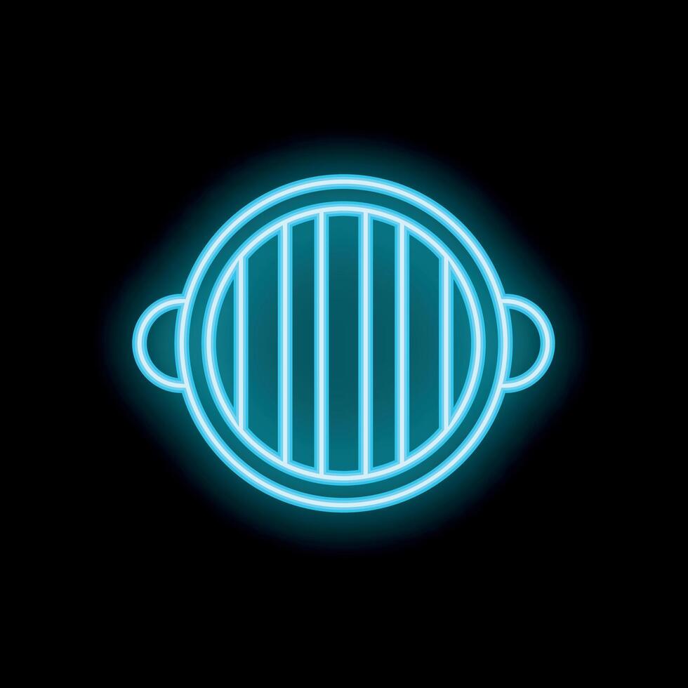 Neon icon of round barbecue grill glowing on black background vector