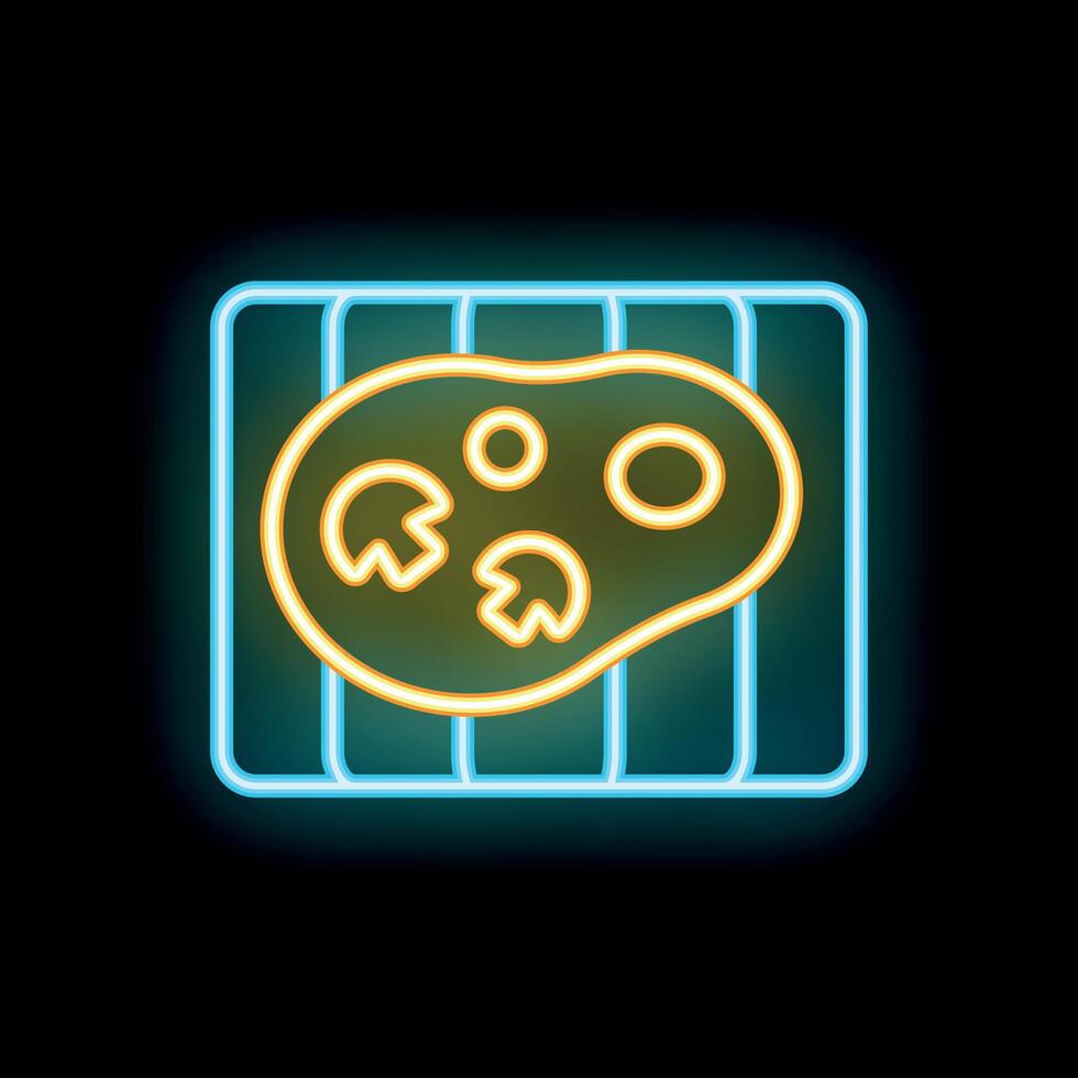 Neon icon of steak with mushrooms grilling on barbecue grill vector