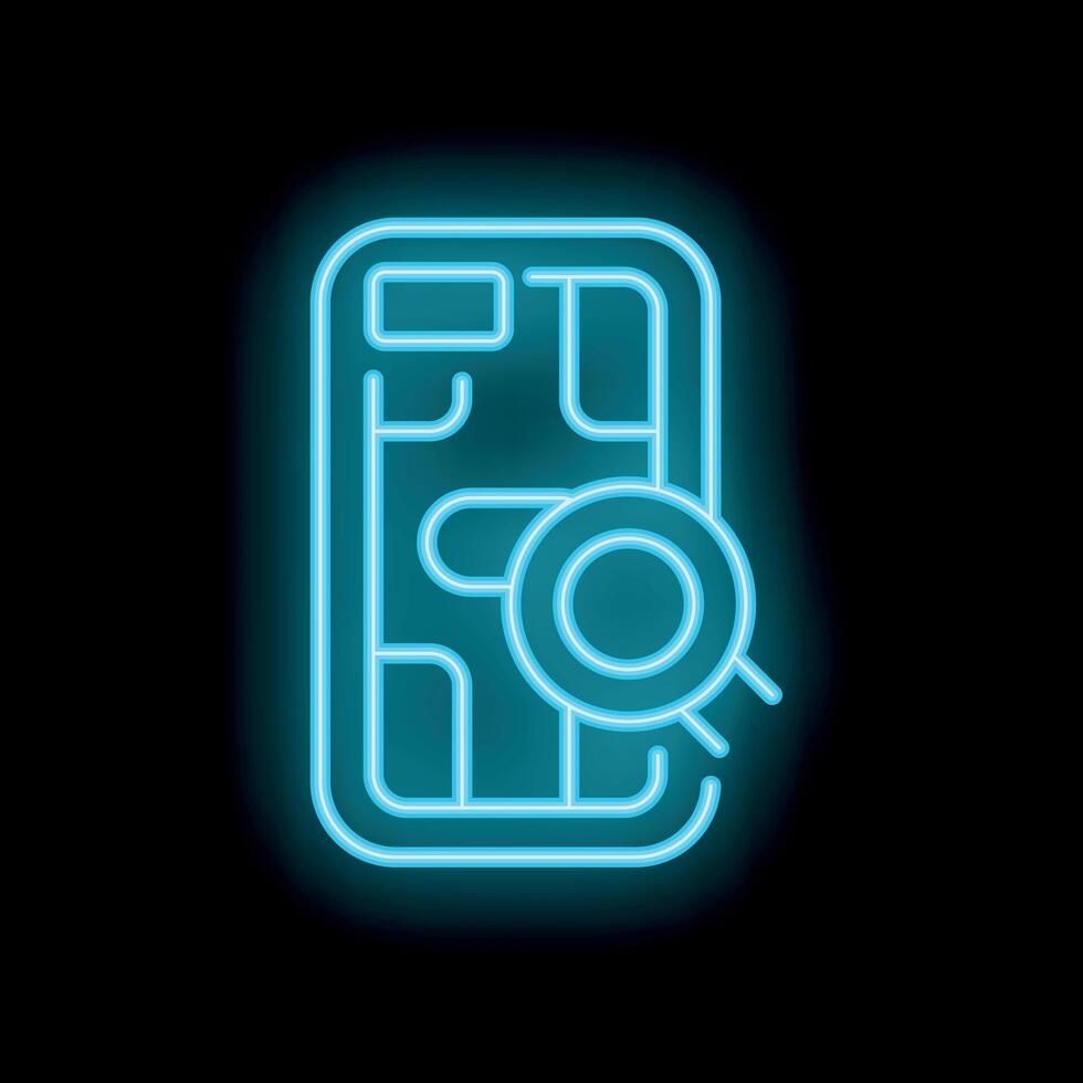 Neon smartphone showing gps navigation app with glowing magnifying glass over map vector