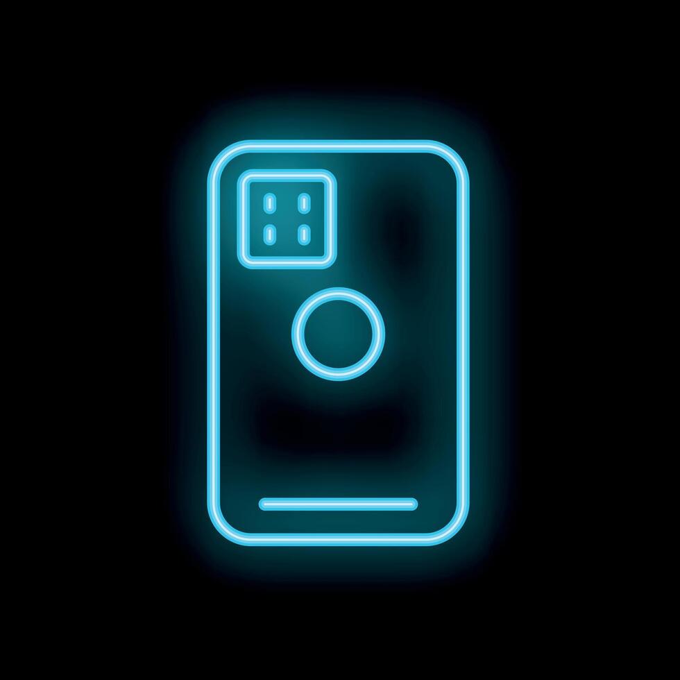 Neon blue smartphone shining on black background vector