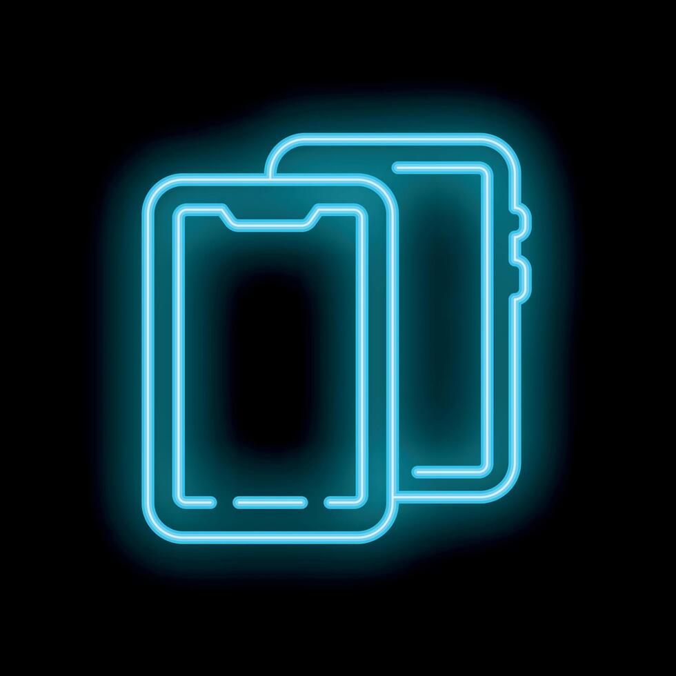 Two smartphones with blank screen glowing neon sign on dark background vector