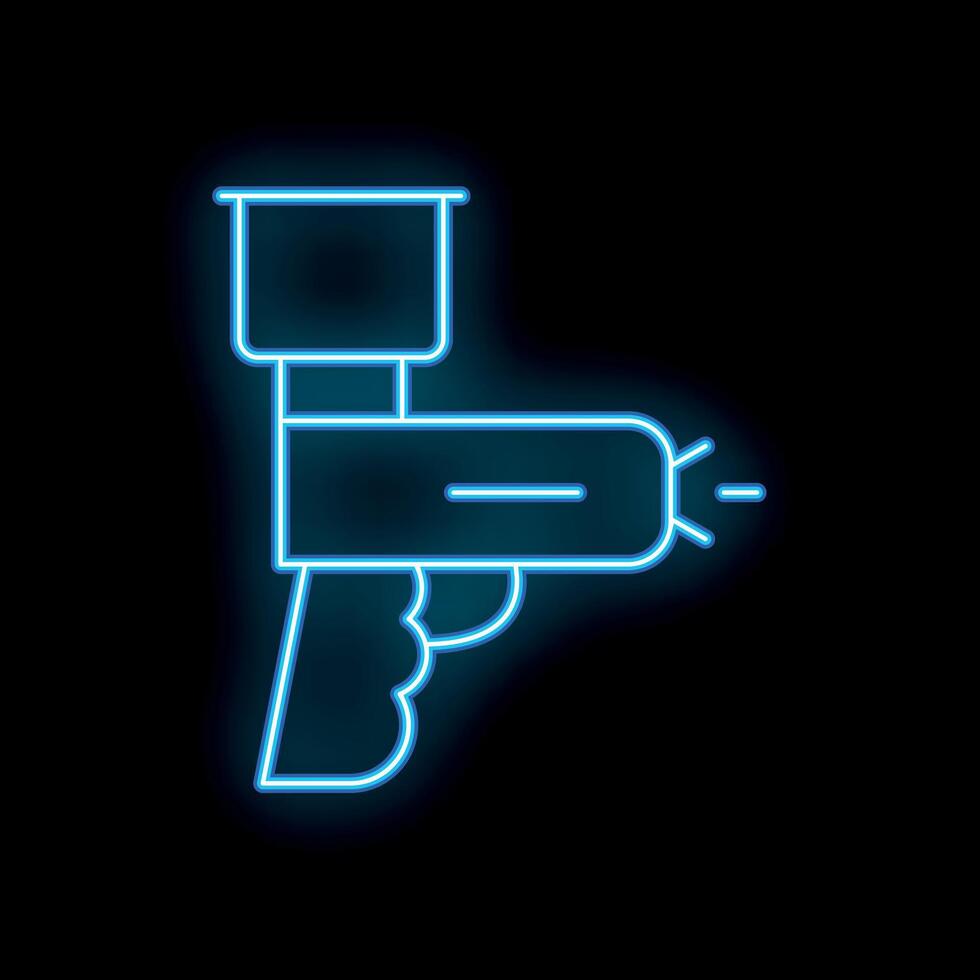 Blue neon sign of a paintball gun with a hopper on a black background vector