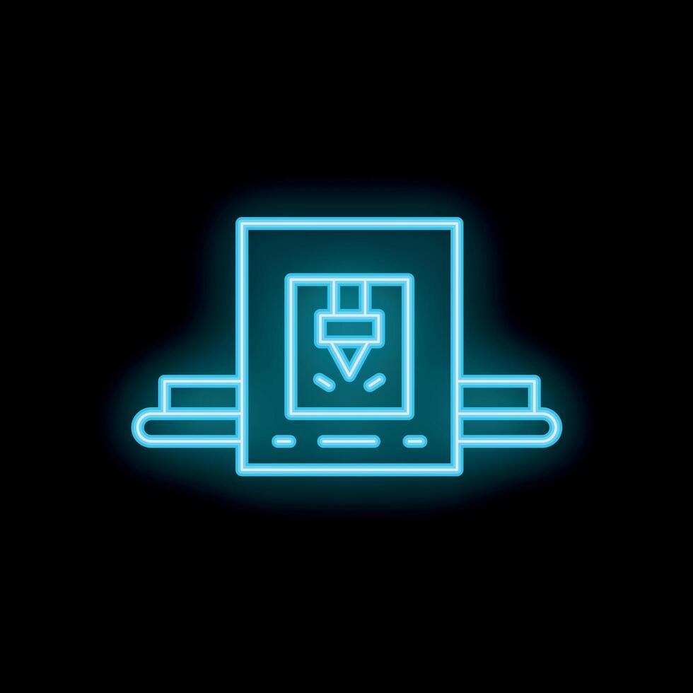 Neon icon of a 3d printer printing a cube using plastic filament vector