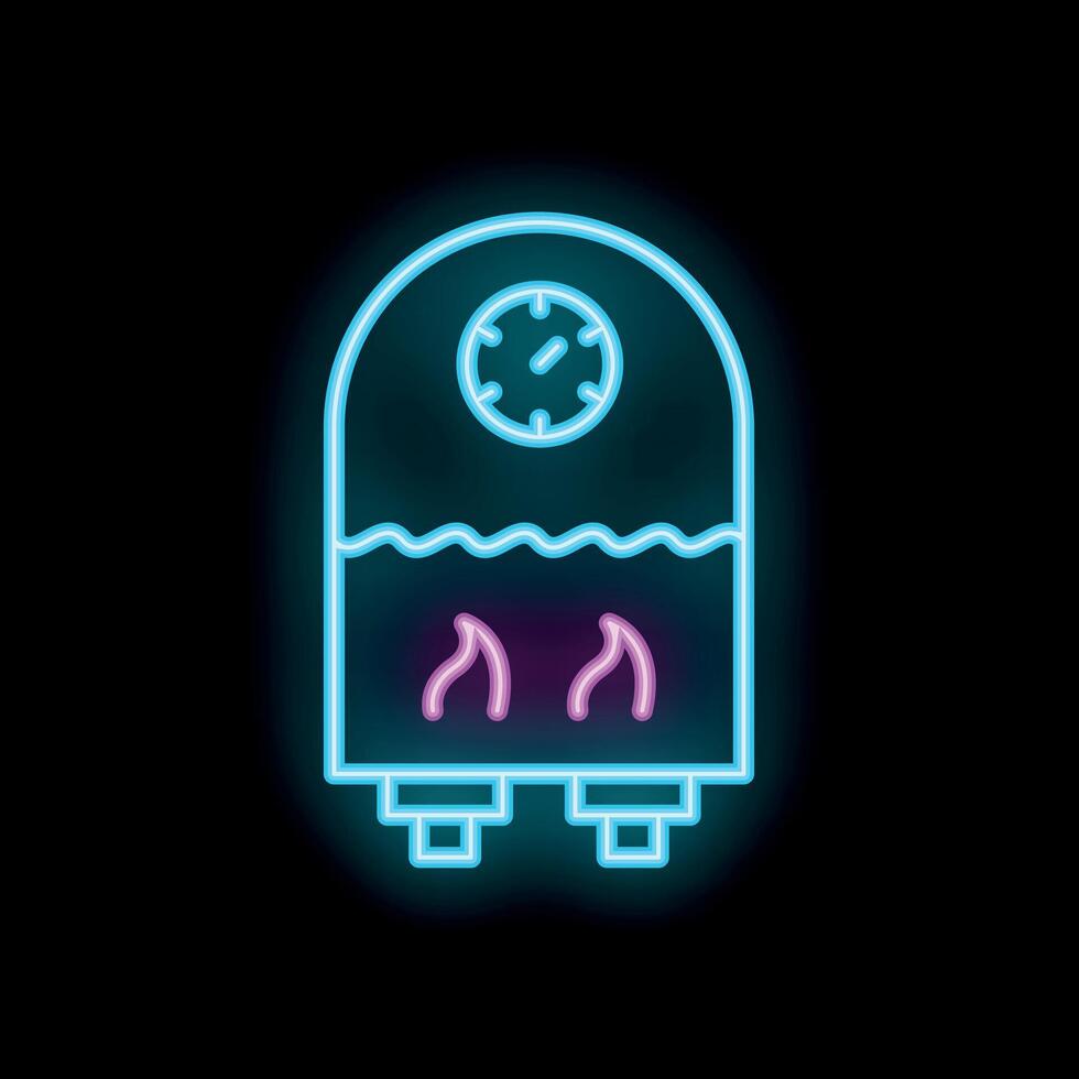Neon icon of boiler heating water with fire and timer vector