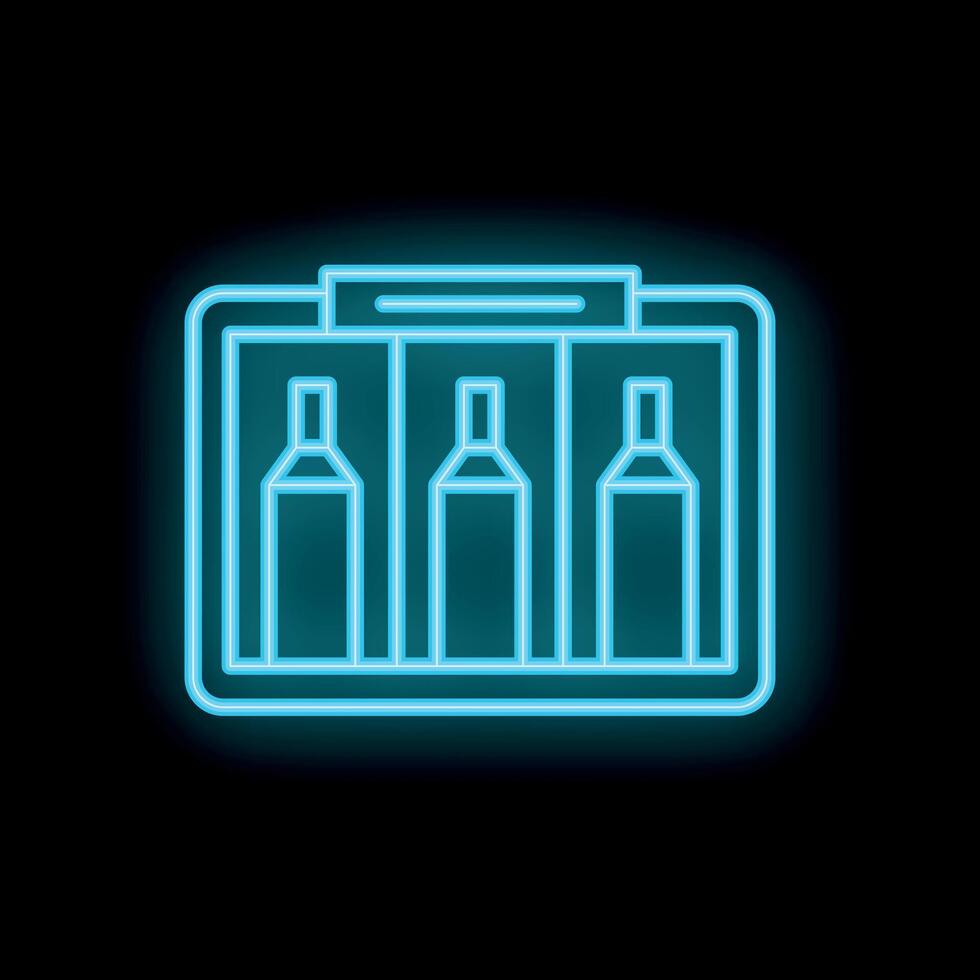 Neon sign of bottles in a box glowing on a wall at night vector