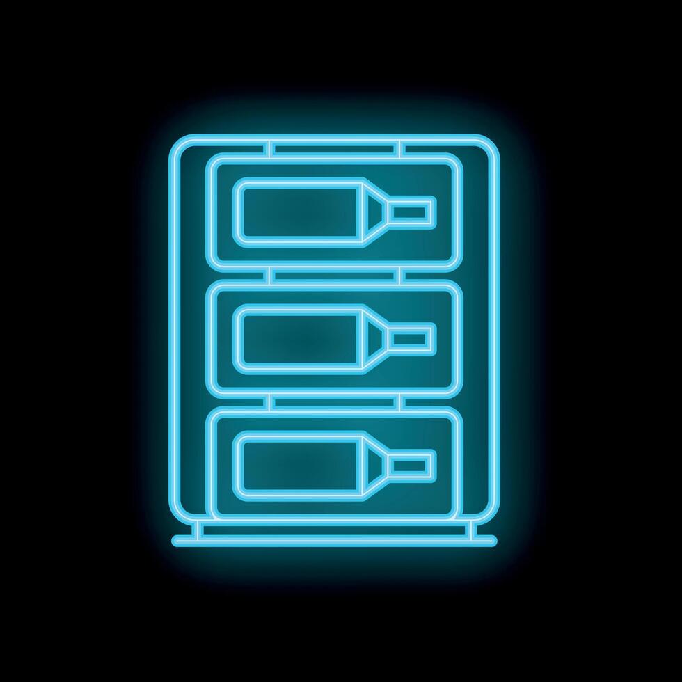 Neon blue wine cellar icon displaying three bottles for wine storage vector