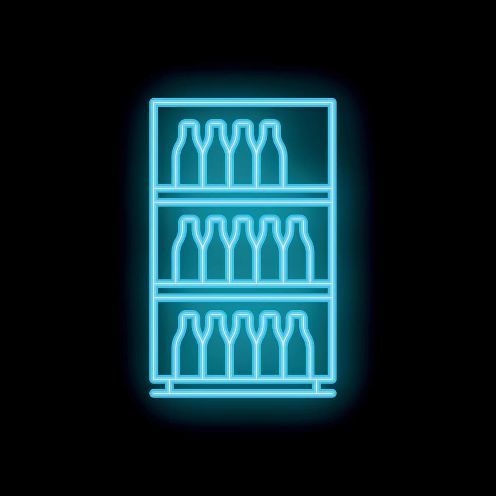 Neon refrigerator icon displaying rows of glass bottles on black background vector