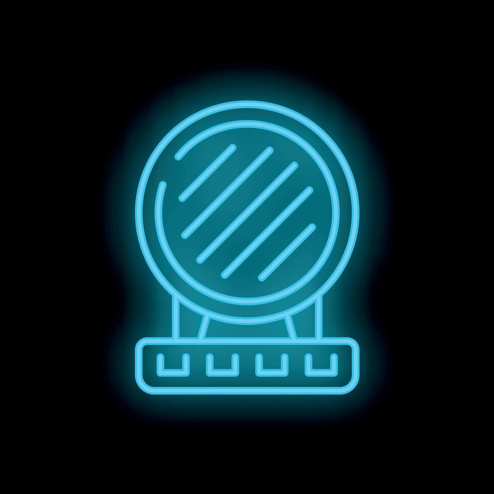 Neon blue icon of a makeup mirror glowing on black background vector