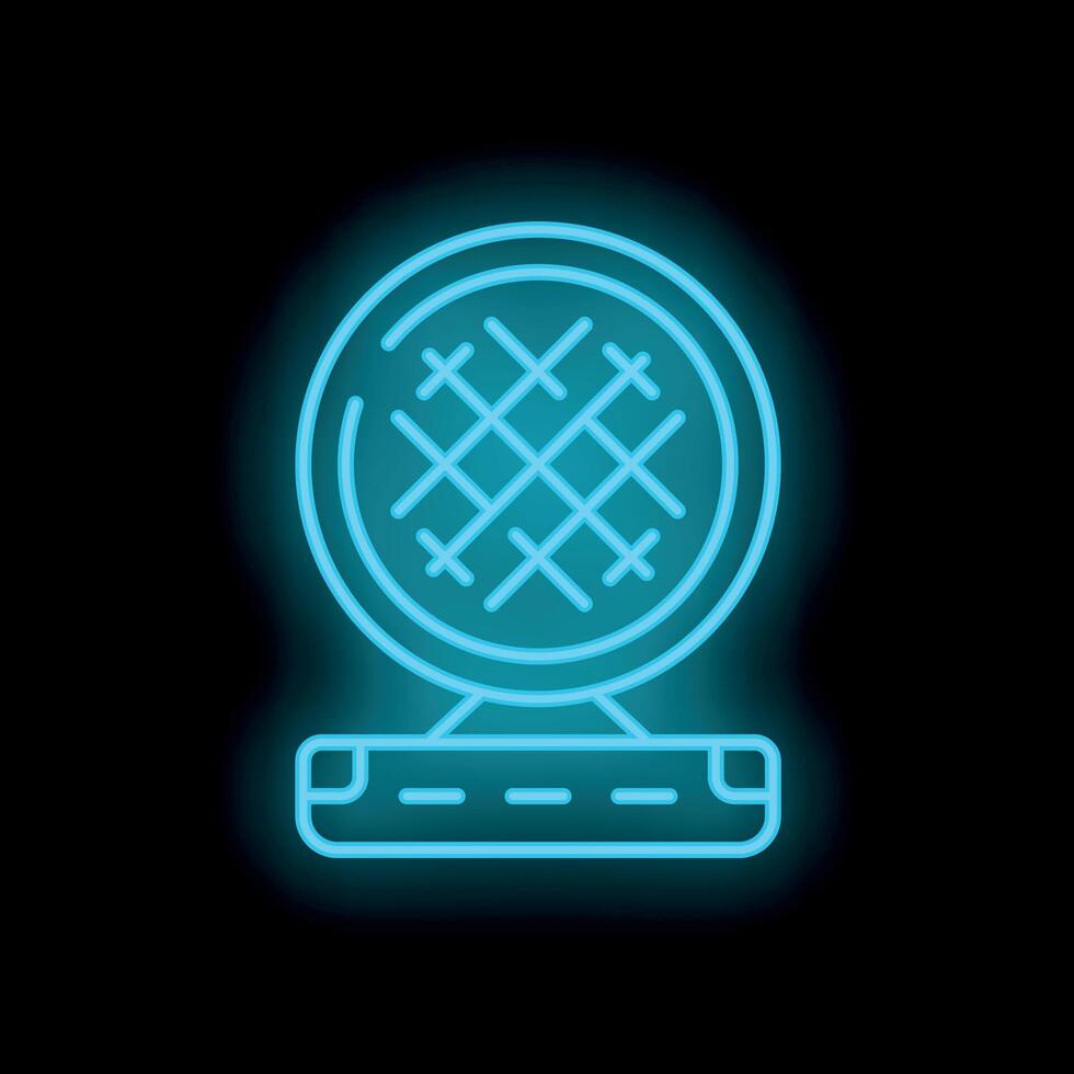 Blue neon sign of round waffle iron on black background vector