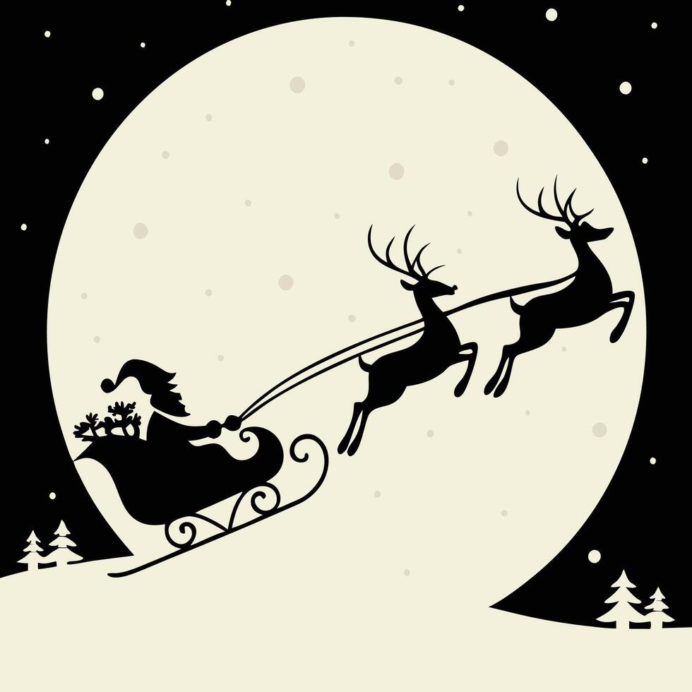Santa claus flying in his sleigh with reindeer in the night sky vector