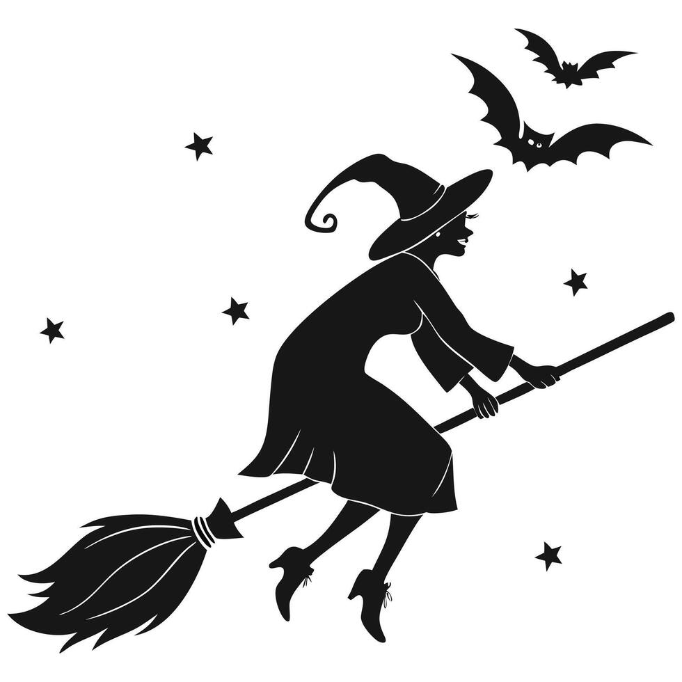 A black and white silhouette of a witch flying on a broom vector