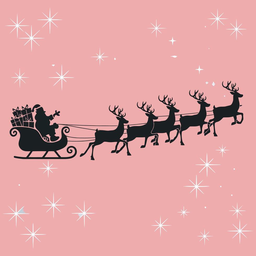Santa claus in his sleigh with reindeer on pink background vector
