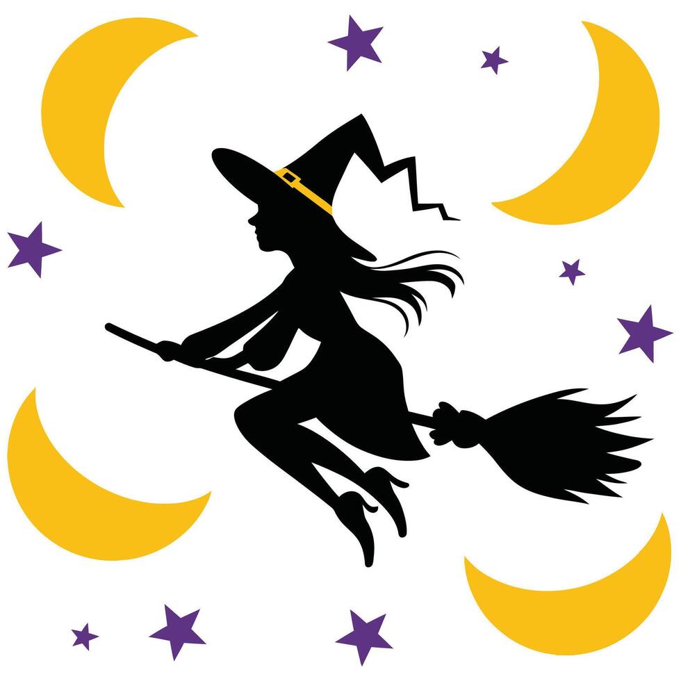 A silhouette of a witch flying on a broom with stars and moon vector