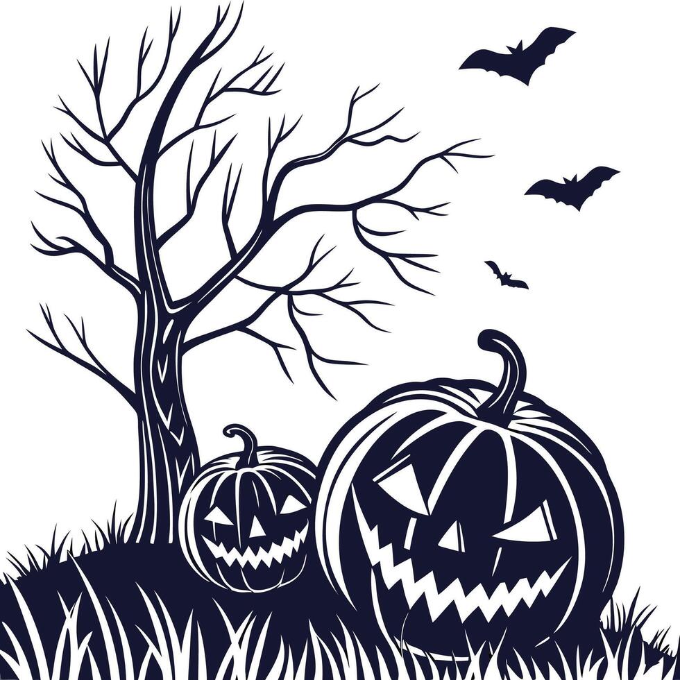 Silhouettes of pumpkins with eerie carved faces. vector