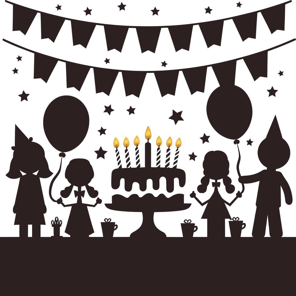 Silhouette of children and birthday cake with candles vector