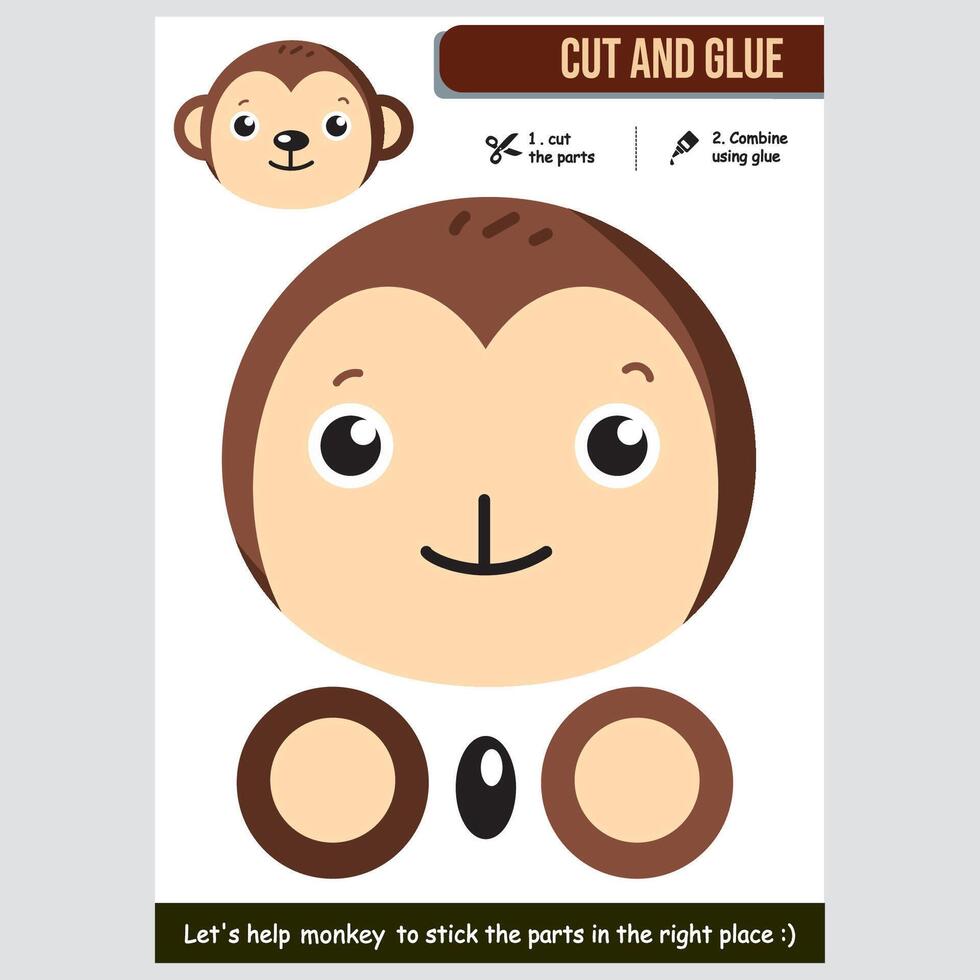 Cute monkey cut and glue activity for kids' creative and motor skill development. Education concept vector
