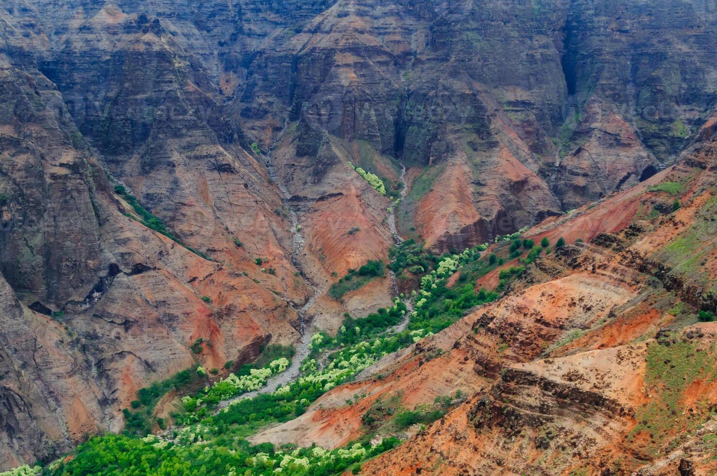 The Napali Coast of Kauai, Hawaii as viewed from a helicopter on the Pacific Ocean. photo