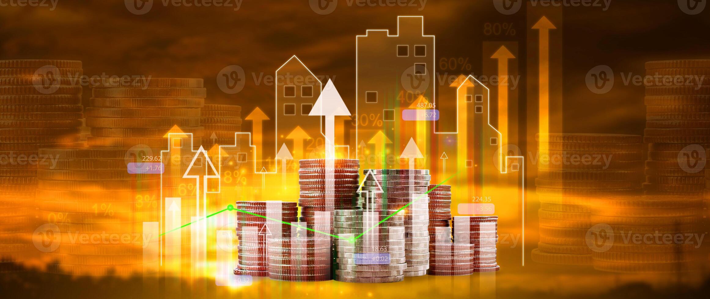 Fund investment and finance concept, stock market, profits and business growth, Dividends and interest rates and arrow on stack of coins represent returns on stocks and mutual funds. photo