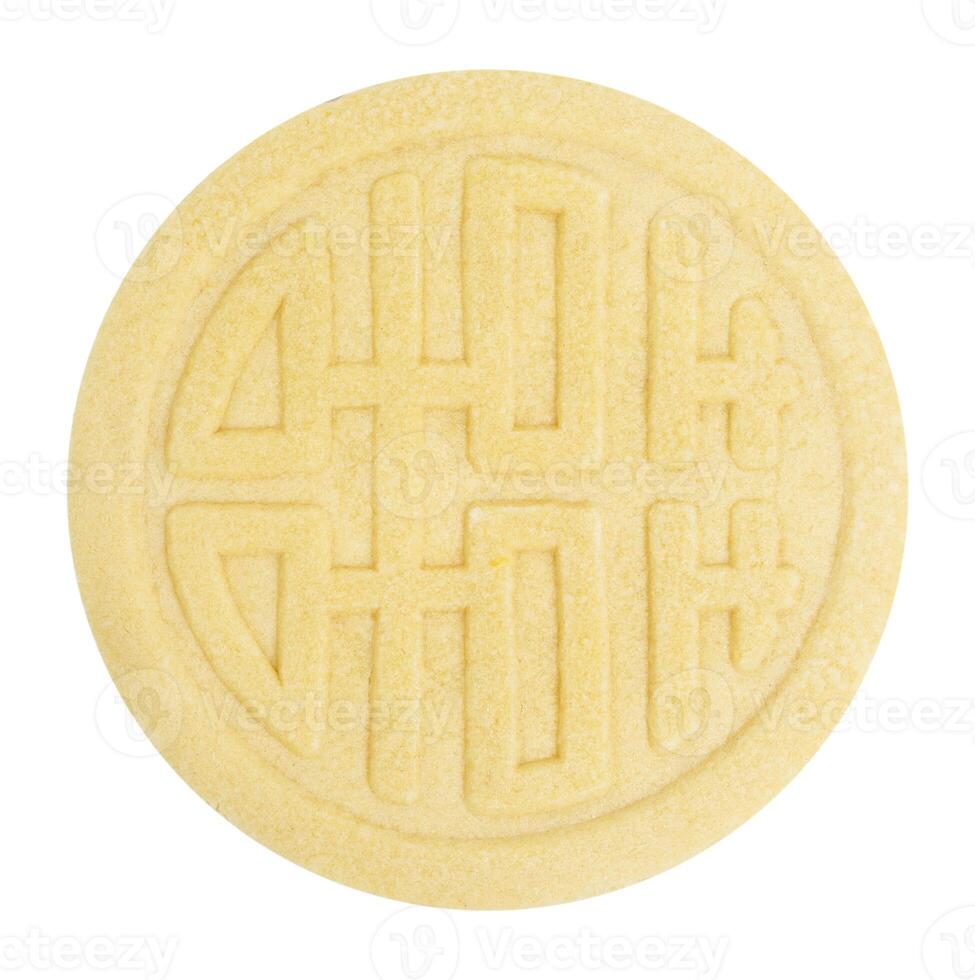 Top view yellow mooncakes Sphere for Chinese Mid Autumn Festival celebration on white background. photo