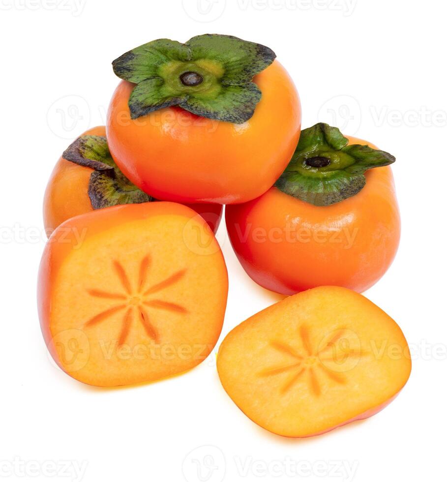 fresh ripe persimmons fruit with slice on white background photo