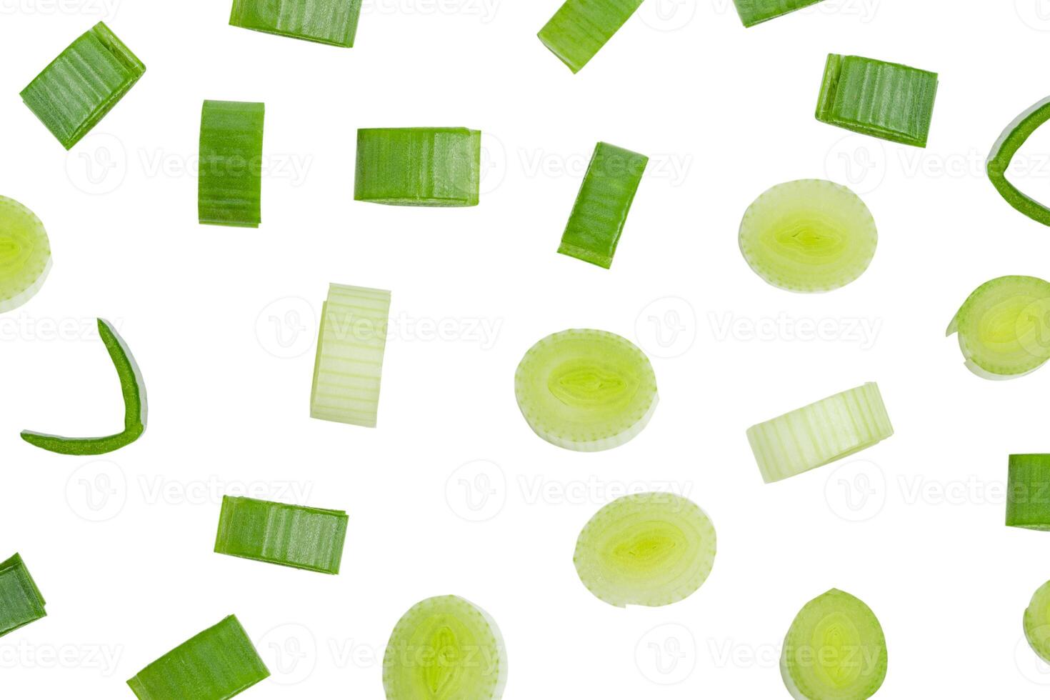 Top view slice spring onions leaves on white background. photo