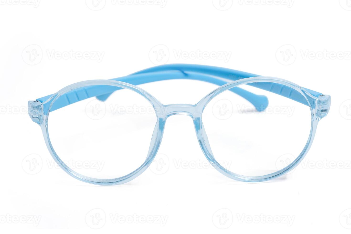 Blue frame eyeglasses on white background. Myopia. photo