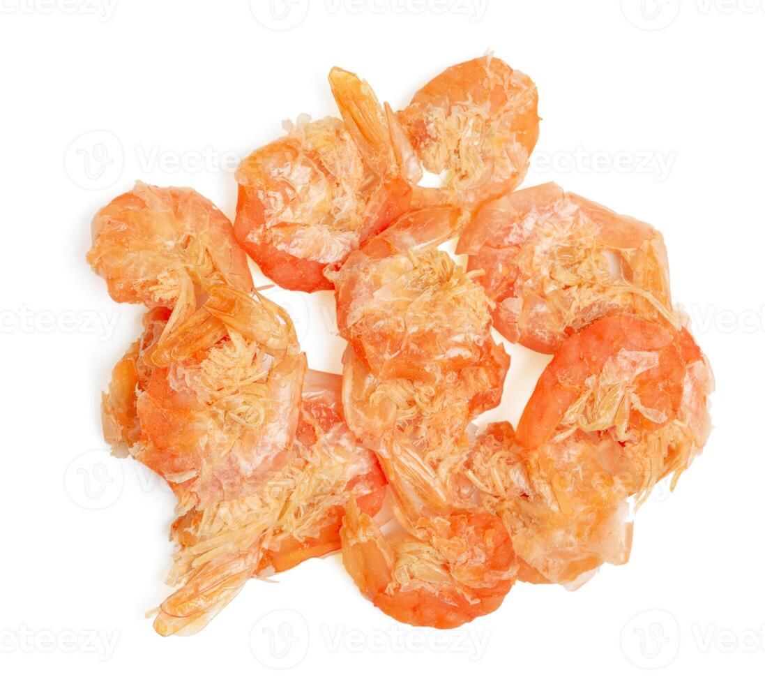 Top view big size dry shrimps on white background. photo