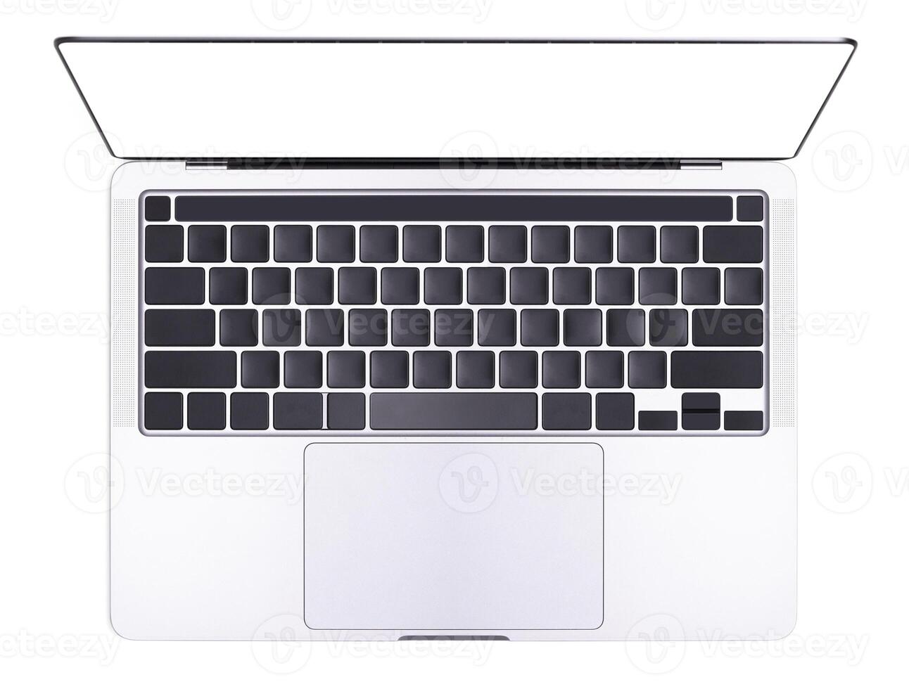 Top view laptop with blank white screen on white background. photo
