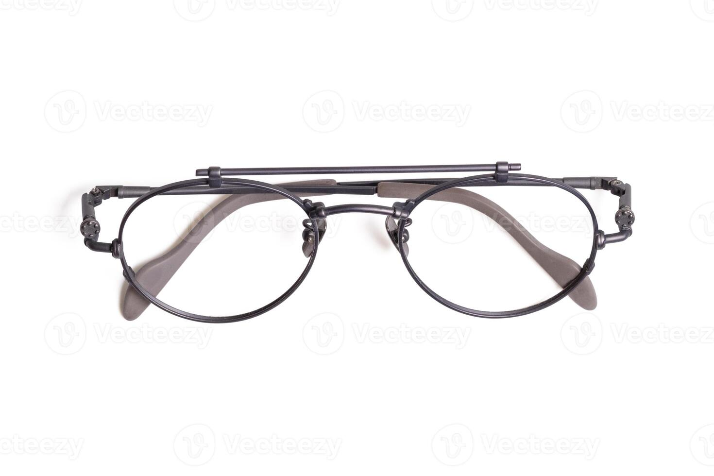 Top view stylish eyeglasses vintage optical round on white background. photo