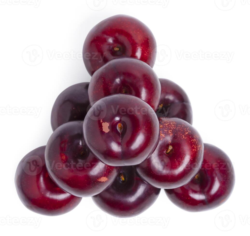 Top view group fresh red plums fruit isolated on white background. photo