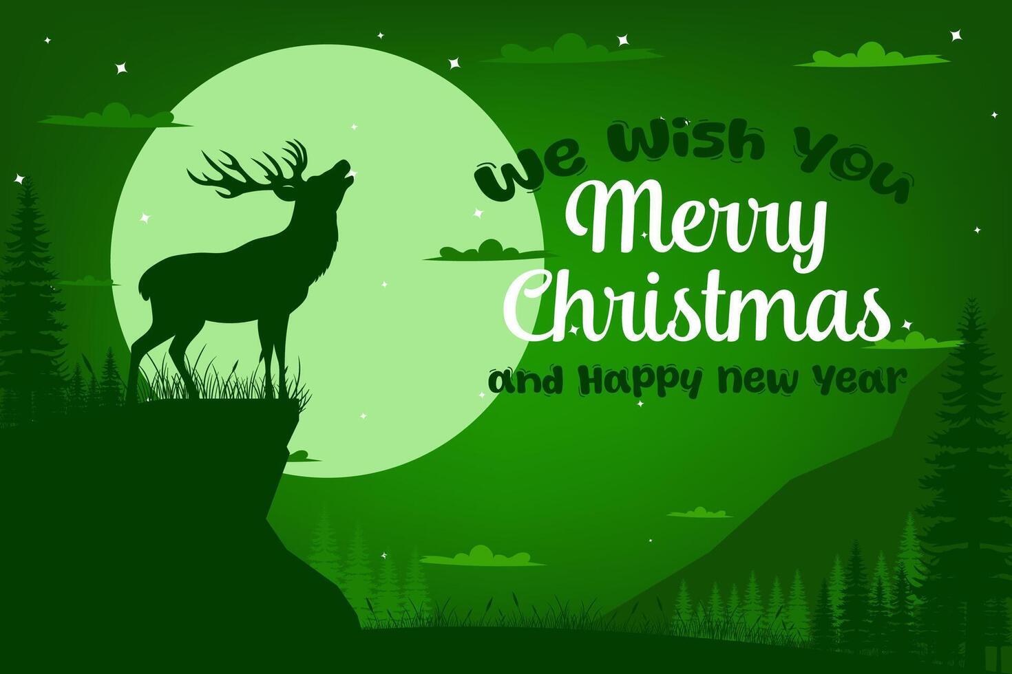 Christmas Reindeer Silhouette with Cliff and Super Moon in Flat Design vector