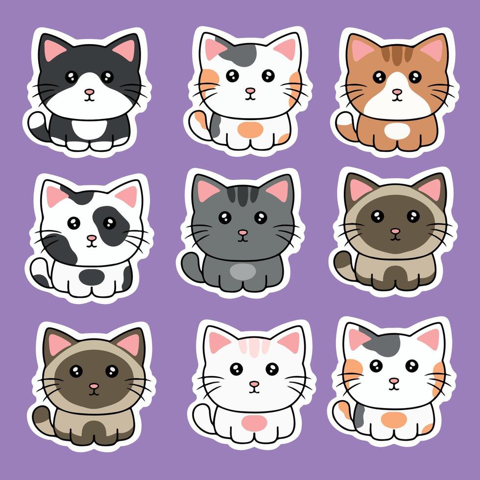 Cute cartoon cats stickers set. Cute kitty characters. illustration. vector