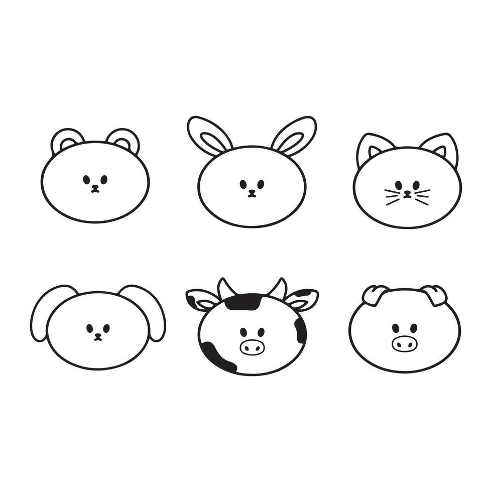 Set of cute kawaii animal faces. illustration in doodle style. vector