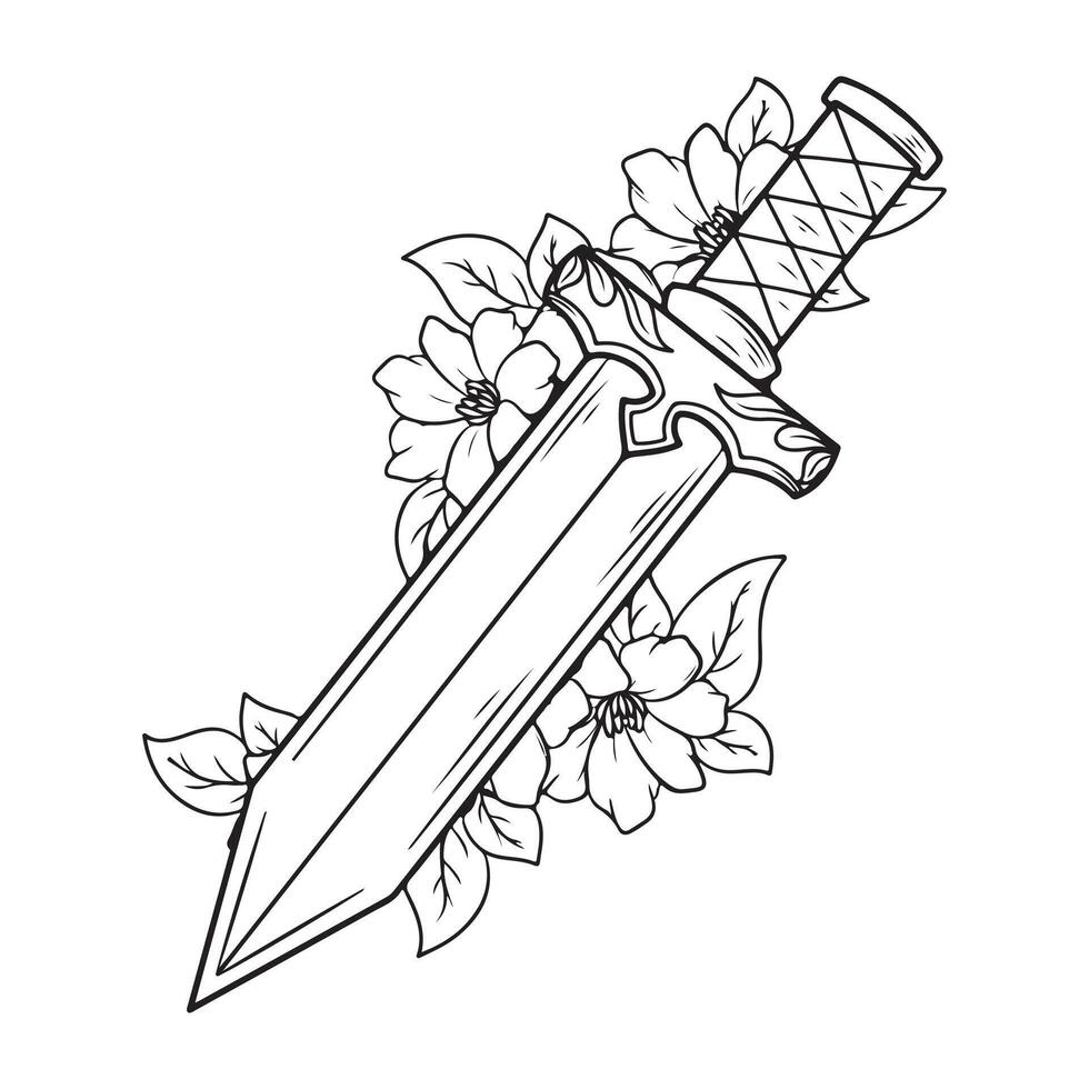 Illustration of a sword with flowers. illustration in doodle style. vector