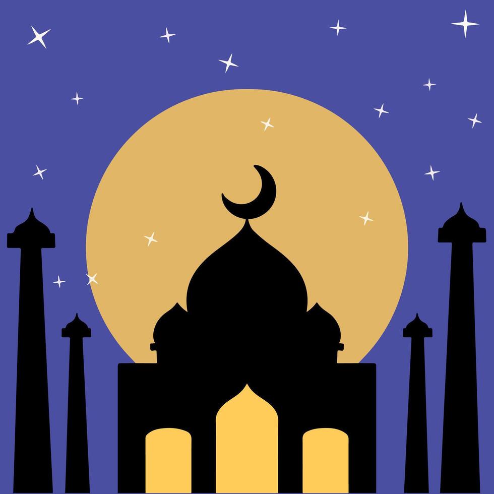 Mosque at night with moon and stars. Illustration. vector