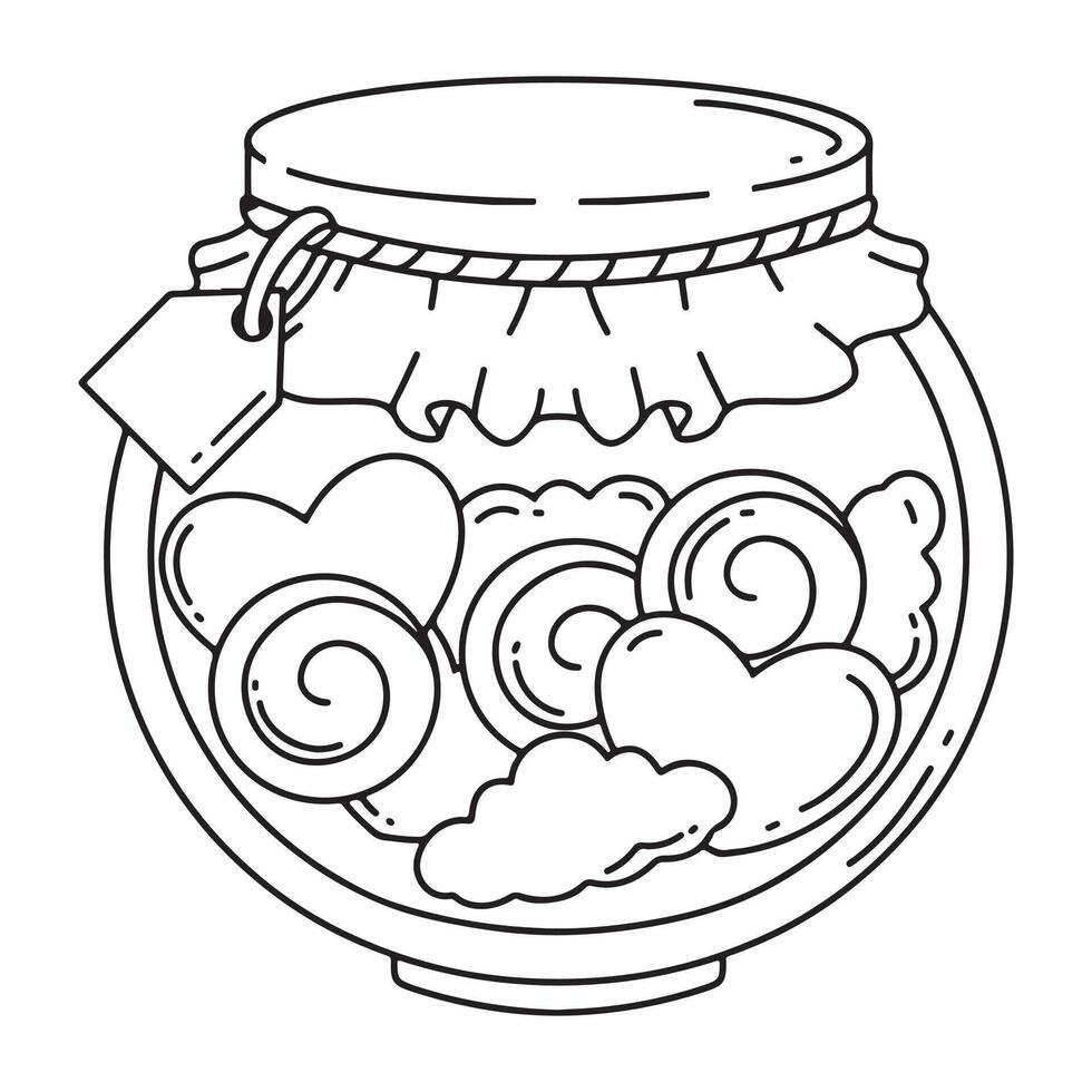Jar of heart cookie in outline style isolated on white background. Honey symbol stock illustration. vector