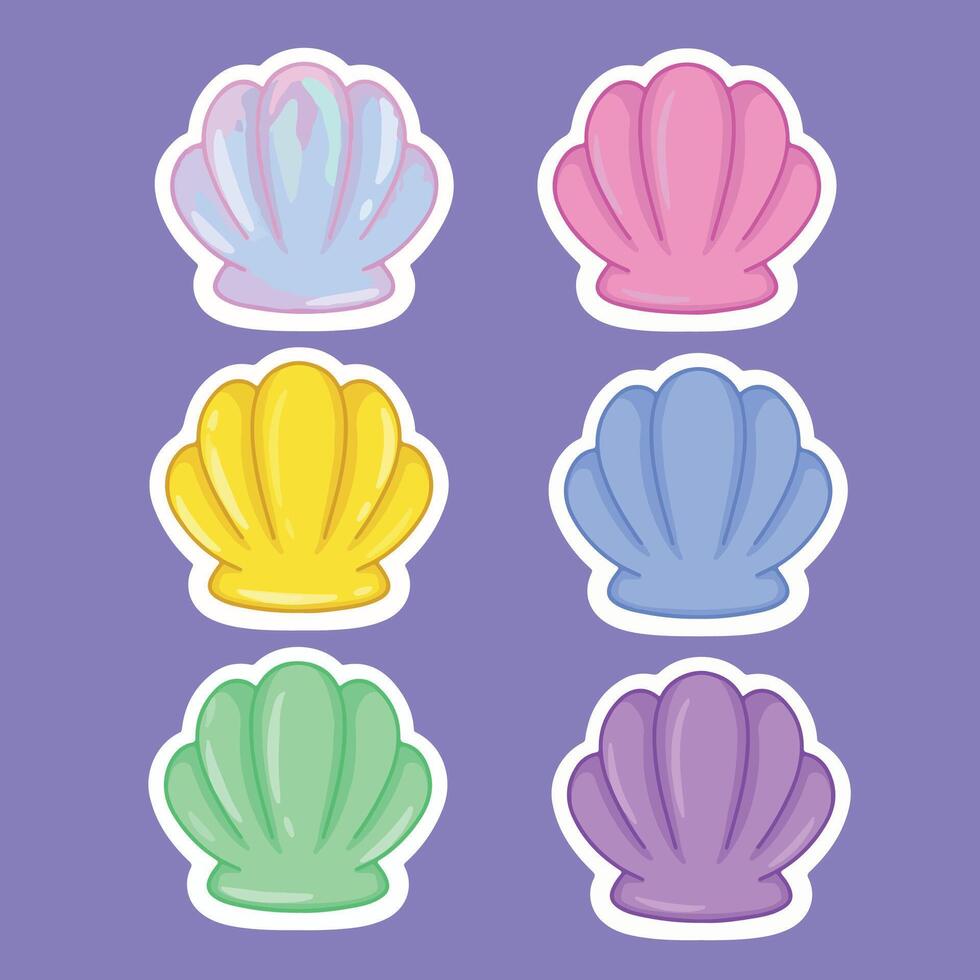 Set of colorful seashells on purple background. illustration. vector