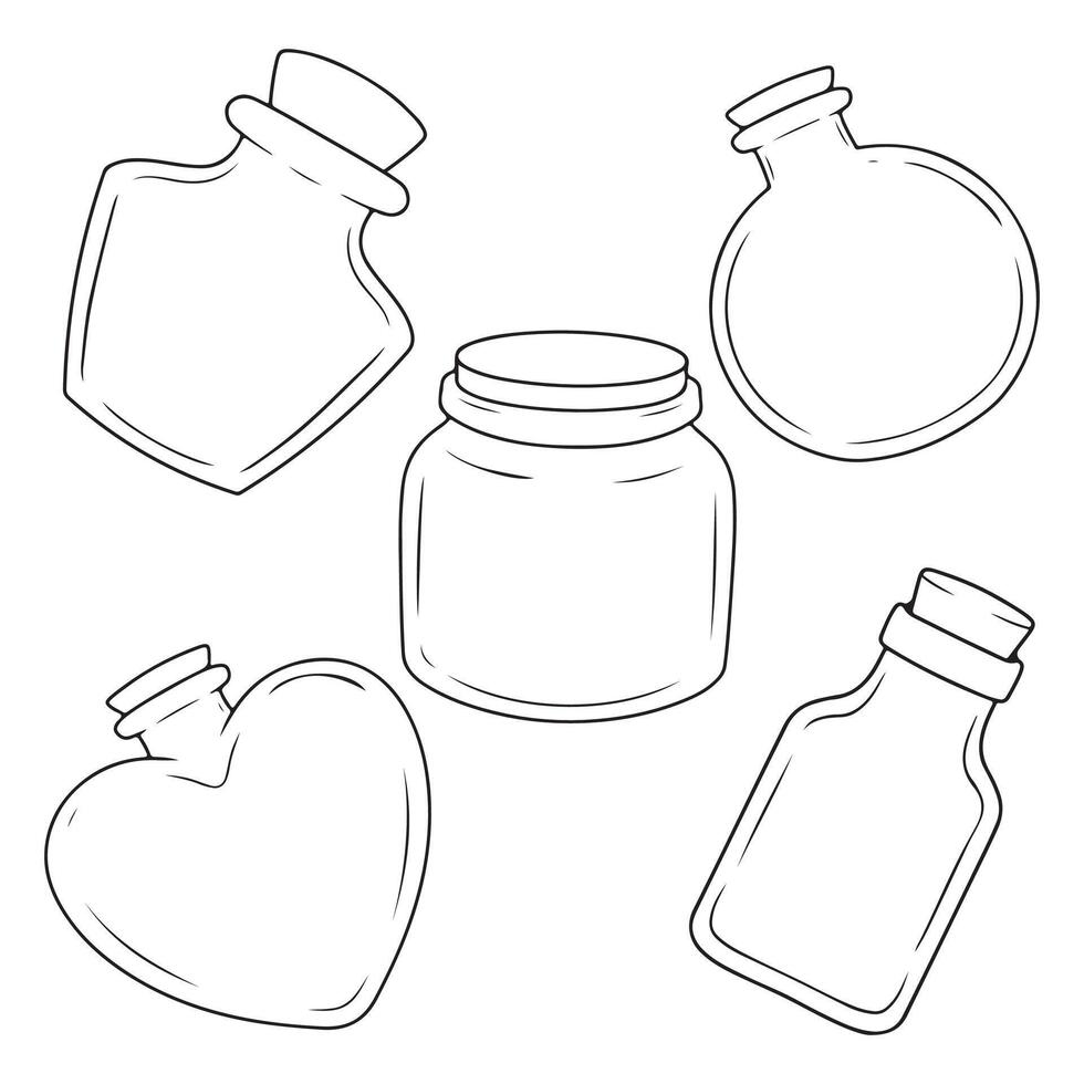 illustration of a set of glass jars and bottles with hearts. vector