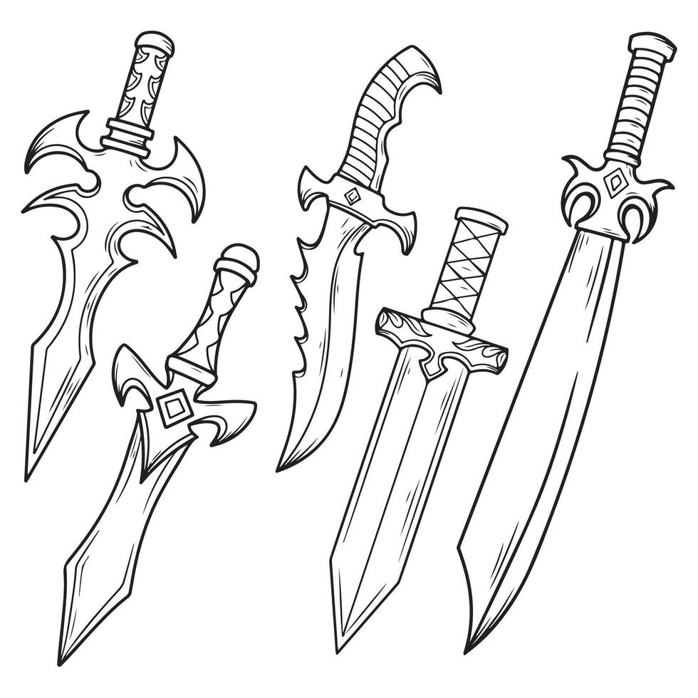 Illustration of a set of fantasy swords in black and white vector