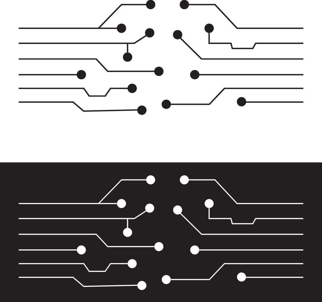 Abstract Technology Background circuit board pattern icons set isolated . Ai chip electronics and connected dots. Data tech bg black flat and line motherboard Communication concept vector
